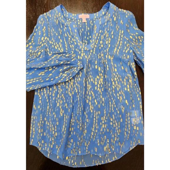 Lilly Pulitzer Womens Tunic Colby Silk Clip Metallic Gold sheer Blouse Blue XXS - Picture 1 of 8